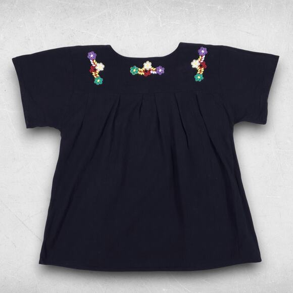 YZXDORWJ Top Women M Black Floral Embroidered Round Neck Boho Coquette Peasant - Picture 3 of 8